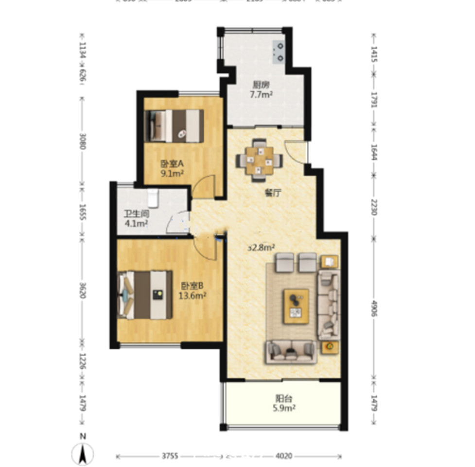 军山汇贤居 2室2厅1卫 90m&sup2;