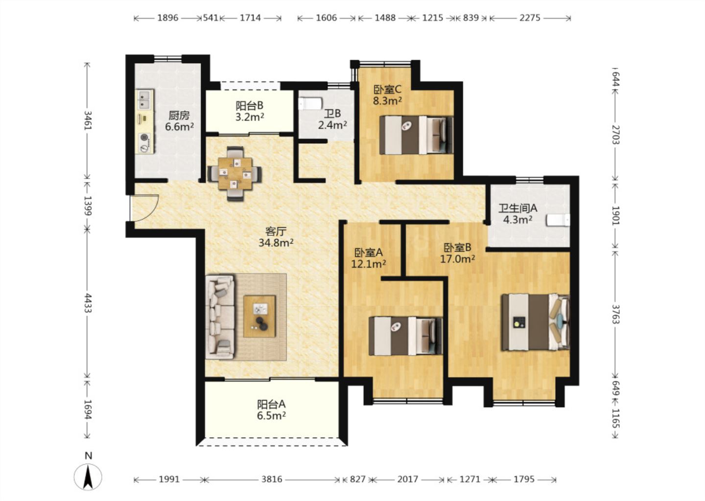 万达华府 3室2厅2卫 120m&sup2;