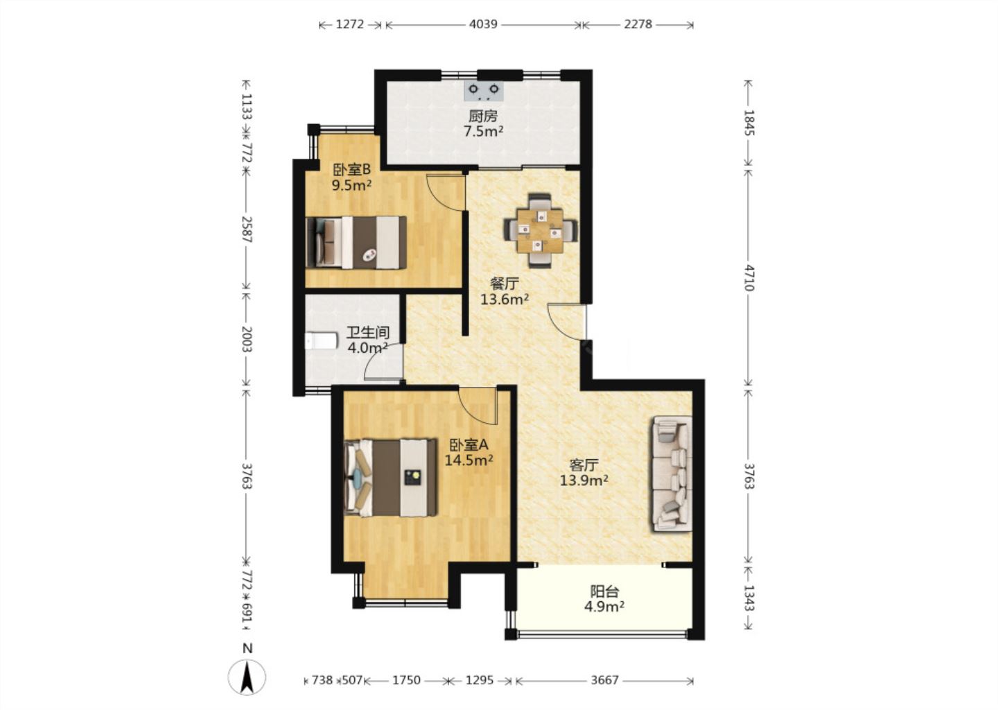 中港城 2室2厅1卫 90m&sup2;