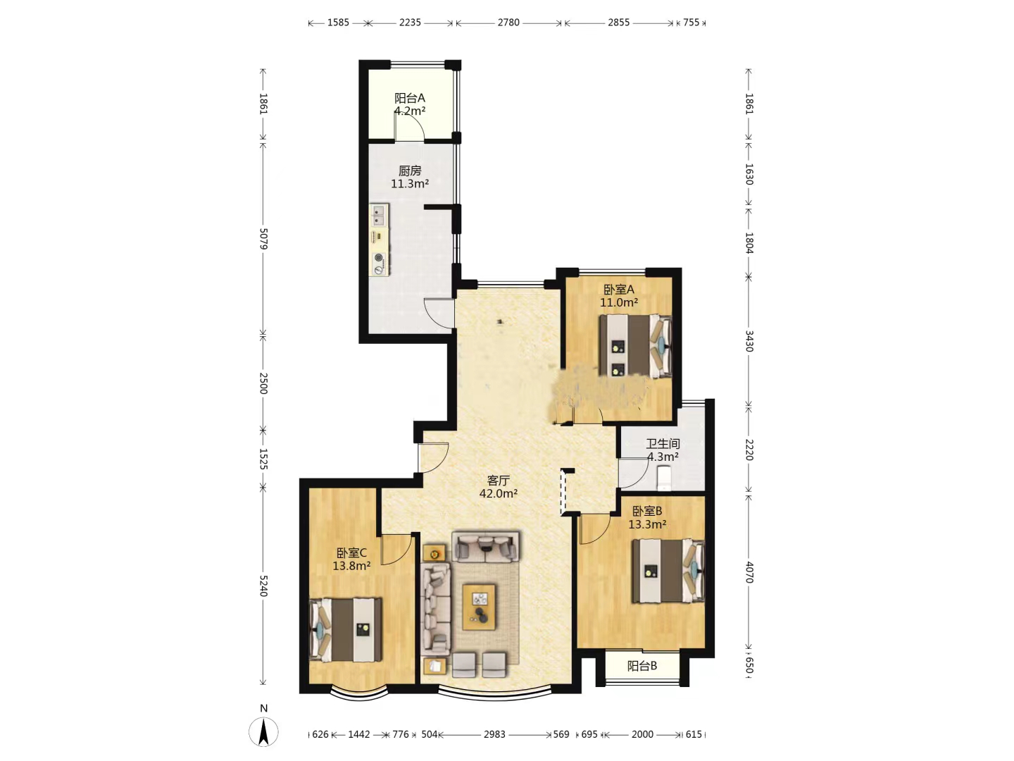 中南世纪花城二期 3室2厅1卫 123.63m&sup2;