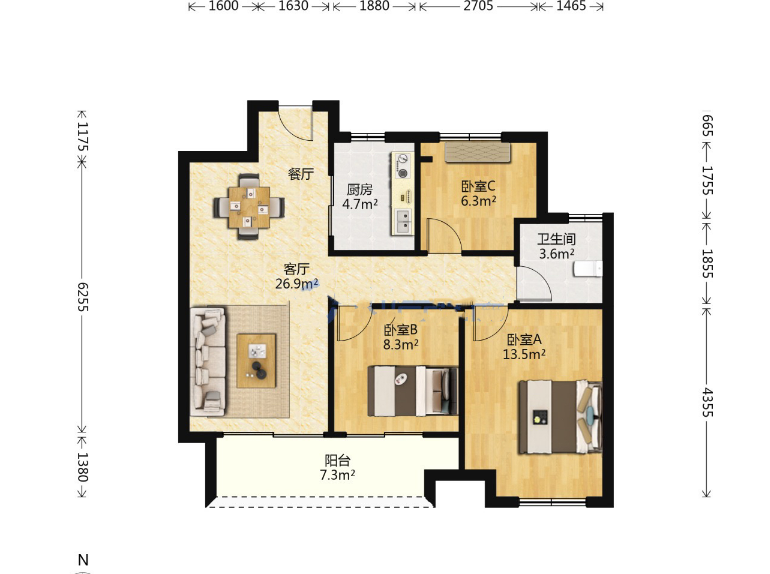 万科时代之光 3室2厅1卫 98m&sup2;