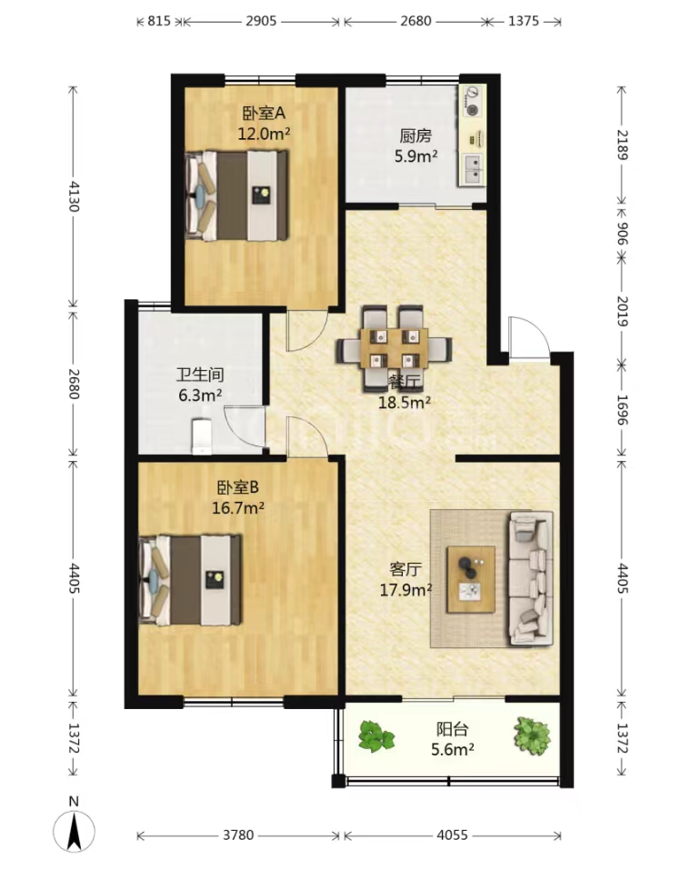 金霞南苑南区 2室1厅1卫 90m&sup2;