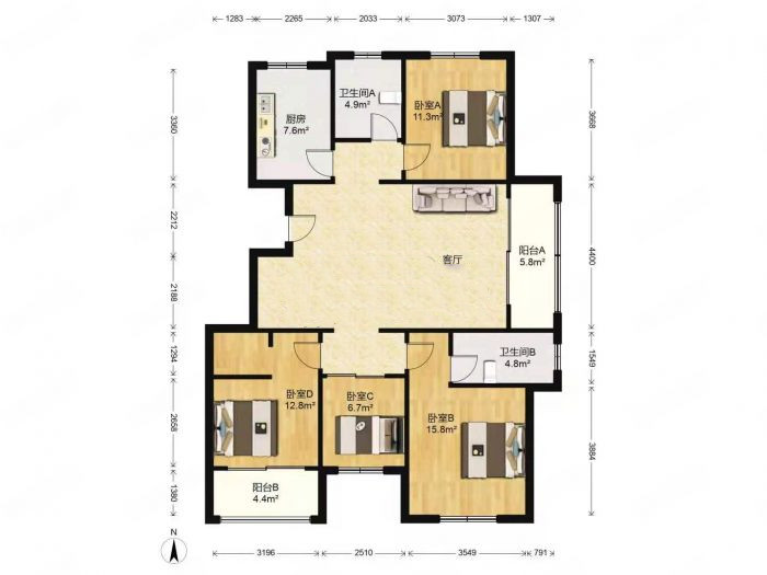 万濠世家 3室2厅1卫 136m&sup2;
