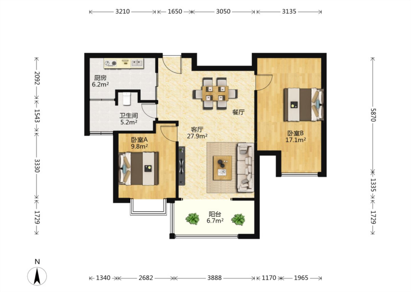 恒盛豪庭 2室2厅1卫 95m&sup2;