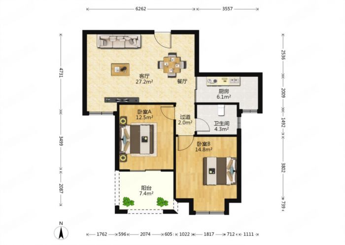 冠城大通棕榈湾 2室2厅1卫 88m&sup2;