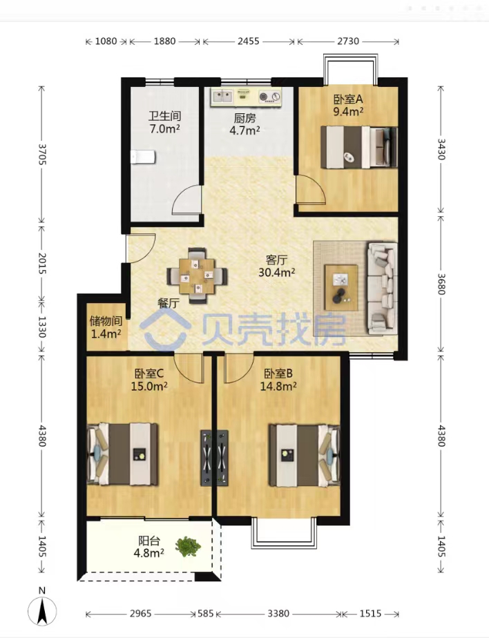 果园名居 3室2厅1卫 106m&sup2;