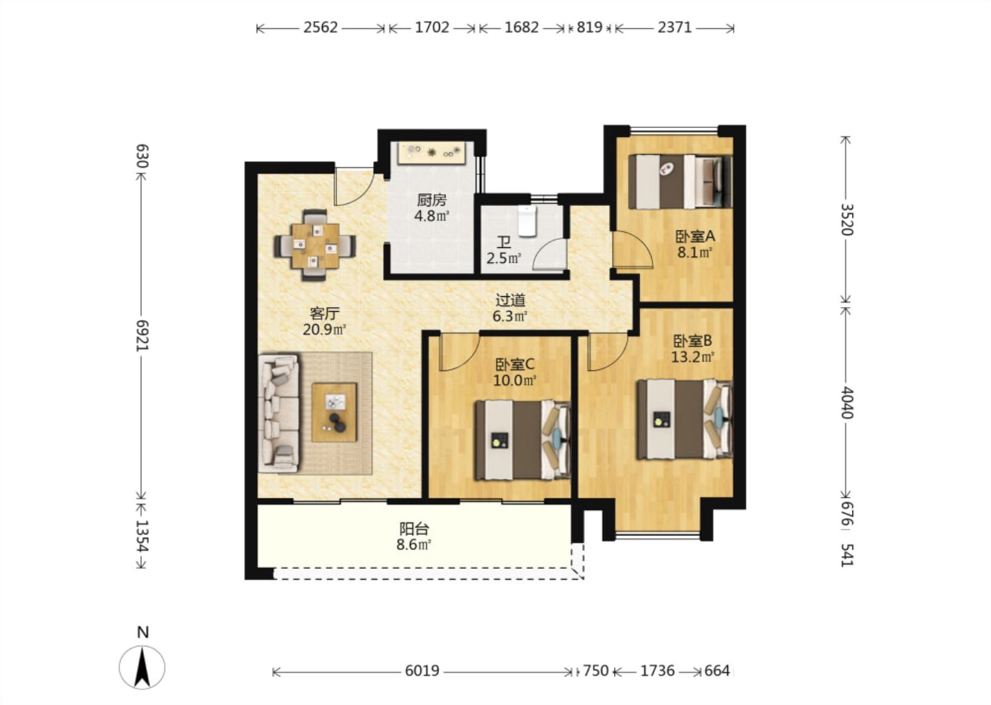 春风南岸东园 3室2厅1卫 95.00m&sup2;