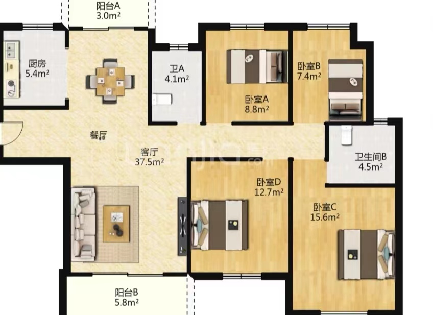 景瑞望府 4室2厅2卫 143m&sup2;