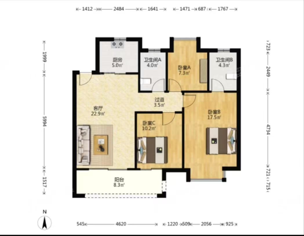 绿地新里城 3室2厅2卫 116m&sup2;