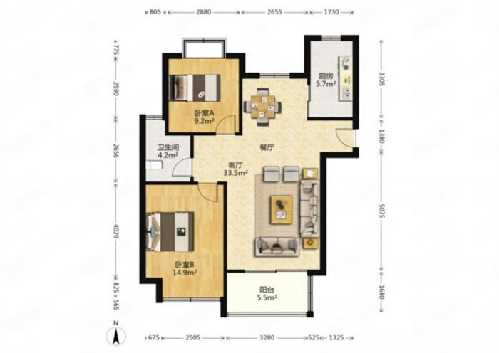 炜赋花苑 2室2厅1卫 92m&sup2;