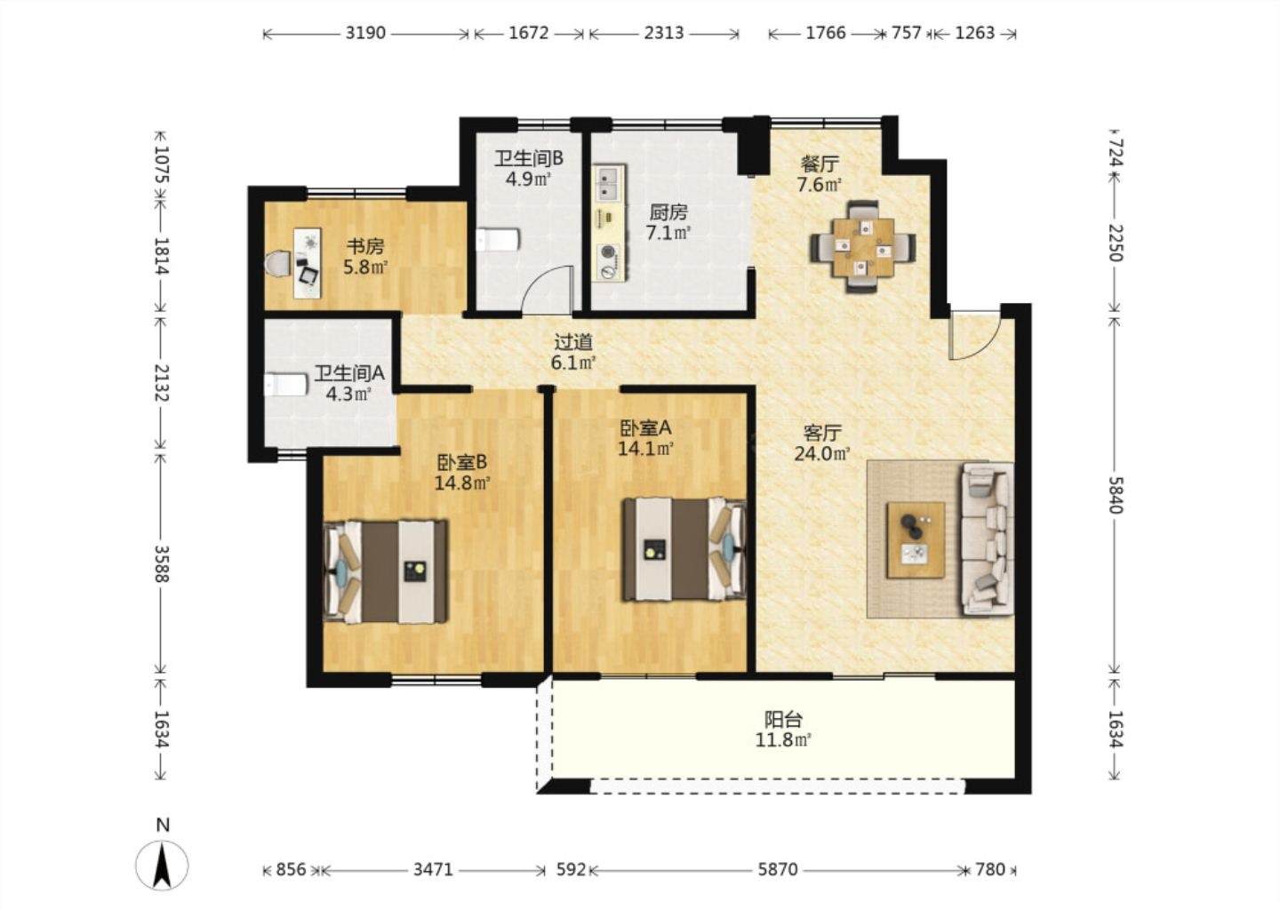 崇川星光域 3室2厅1卫 95.44m&sup2;