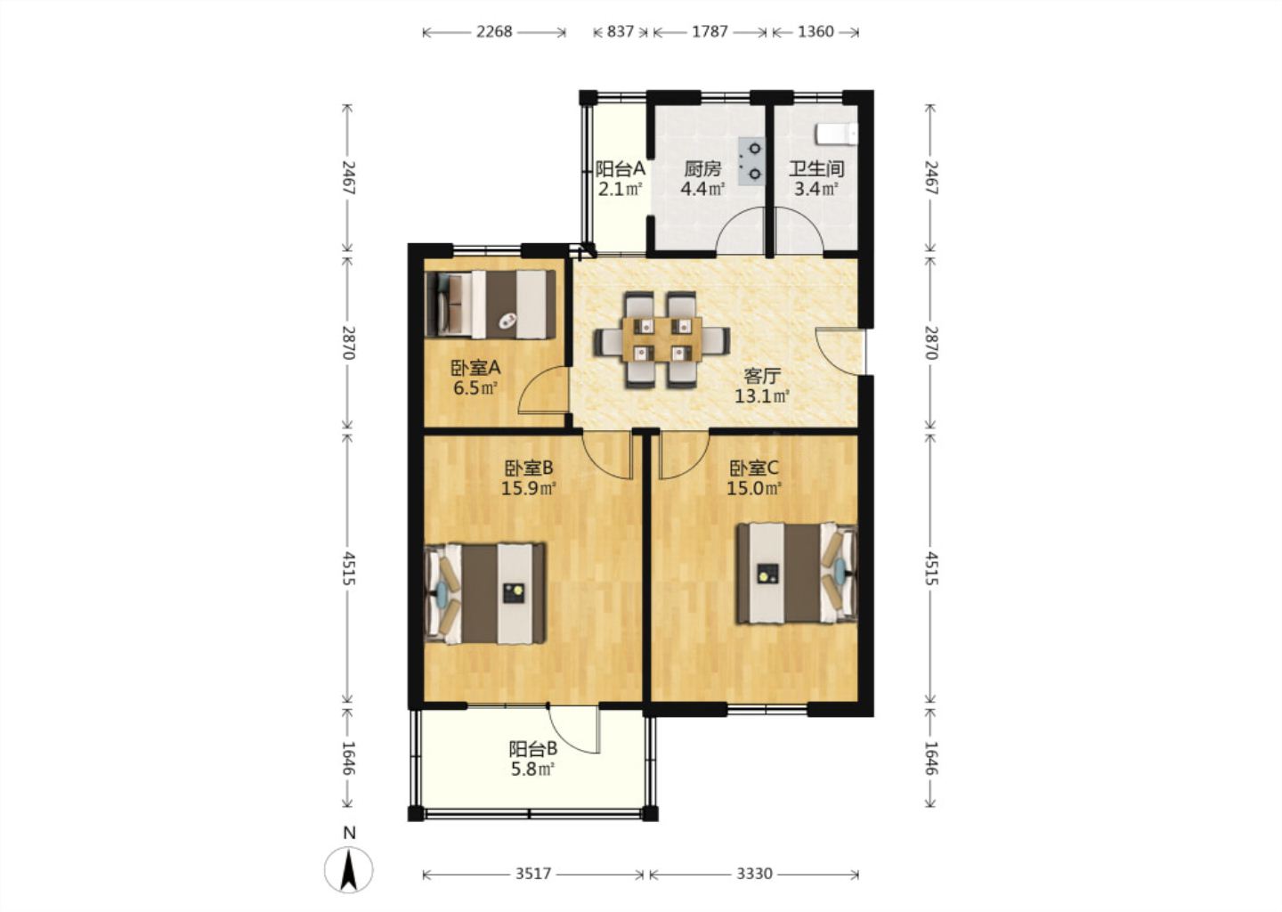 白家园 3室2厅1卫 78.85m&sup2;