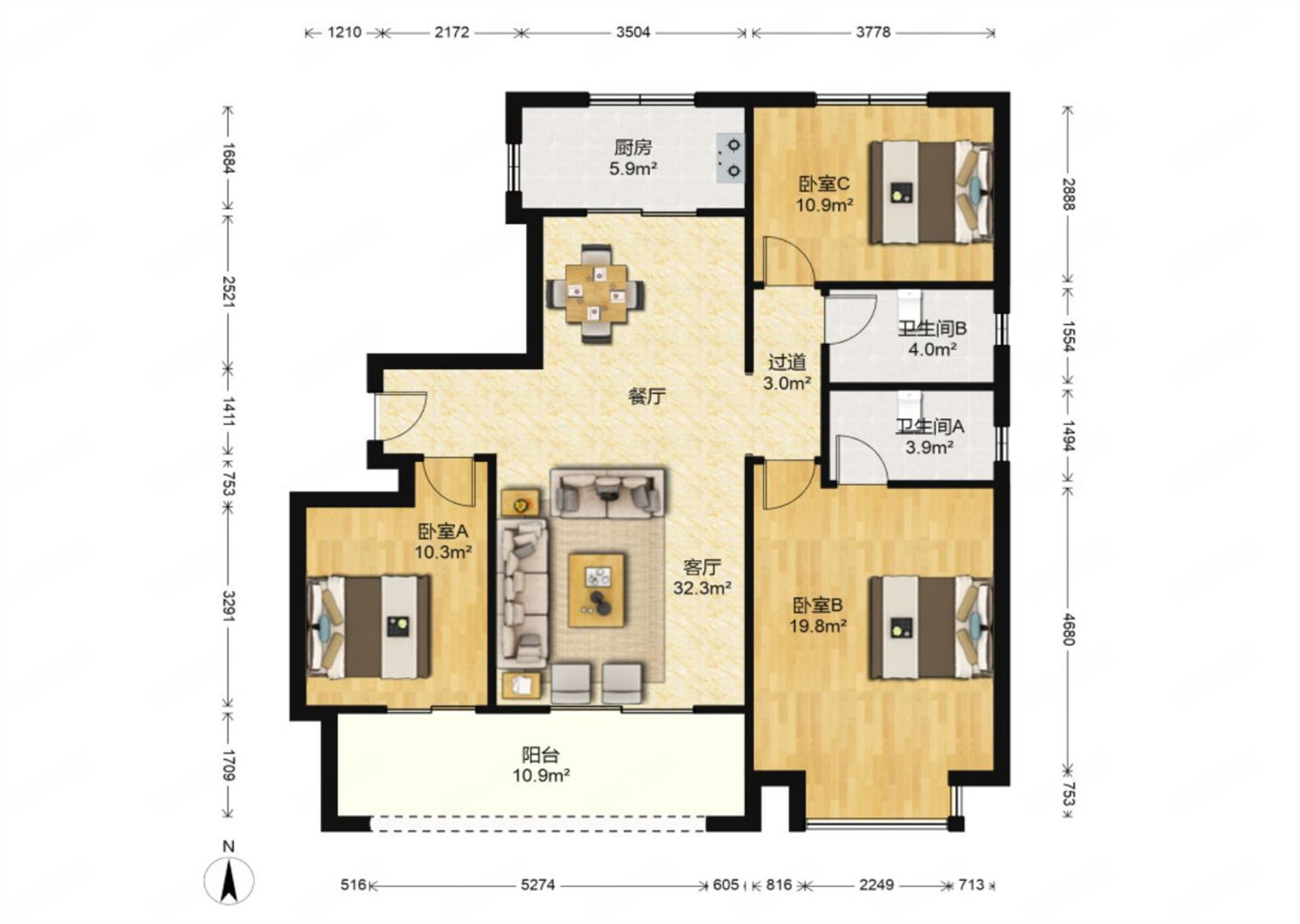 中海上东区 3室2厅2卫 127m&sup2;