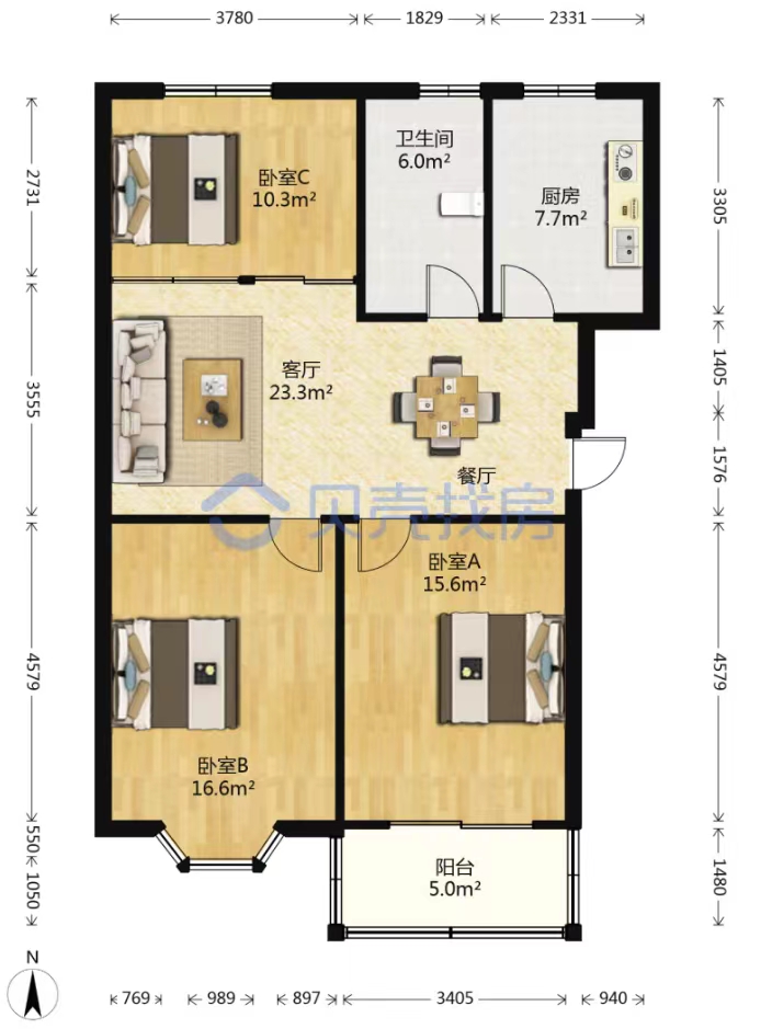 百家花苑 3室2厅1卫 110m&sup2;