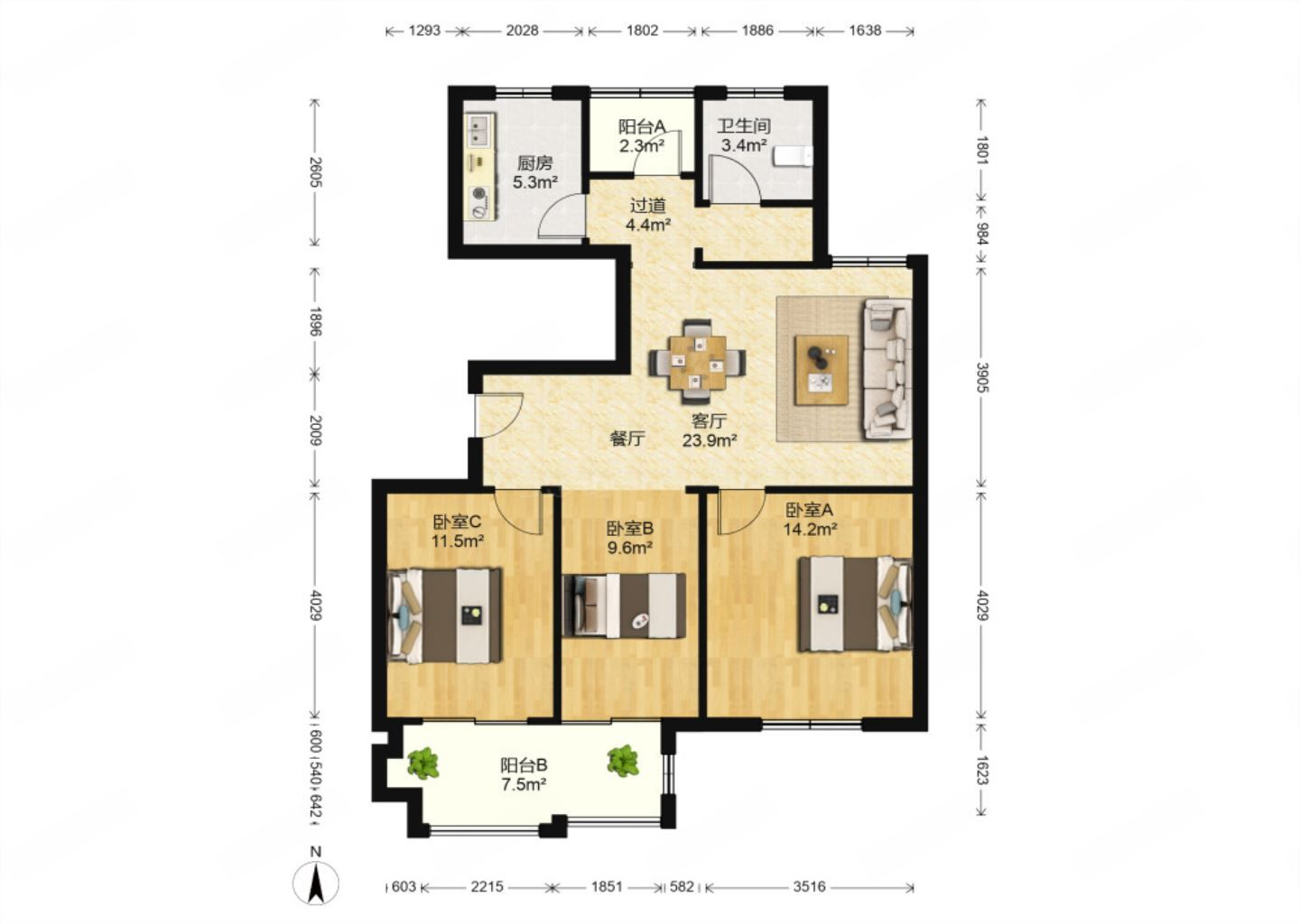兴石花园 3室2厅1卫 106.00m&sup2;
