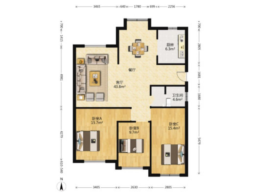 中南世纪花城二期 3室2厅1卫 123.6m&sup2;