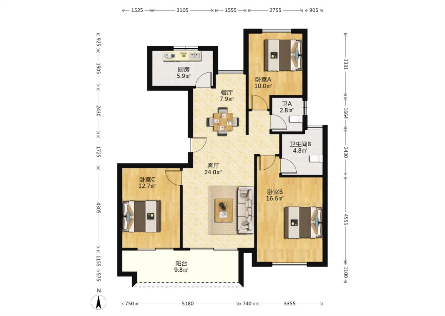 上悦城 3室2厅2卫 115m&sup2;