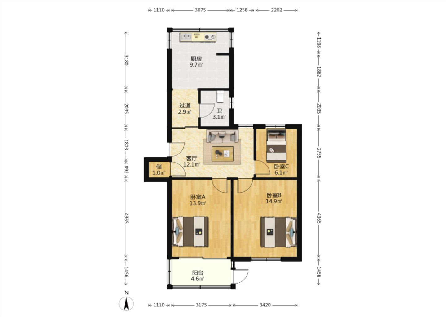 濠西园 2室1厅1卫 82.00m&sup2;