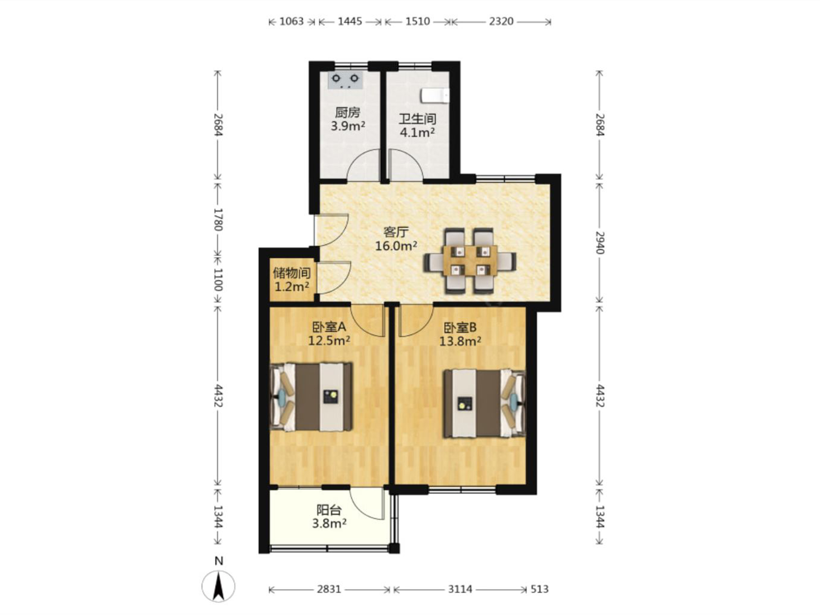 郭里园 2室1厅1卫 67.94m&sup2;