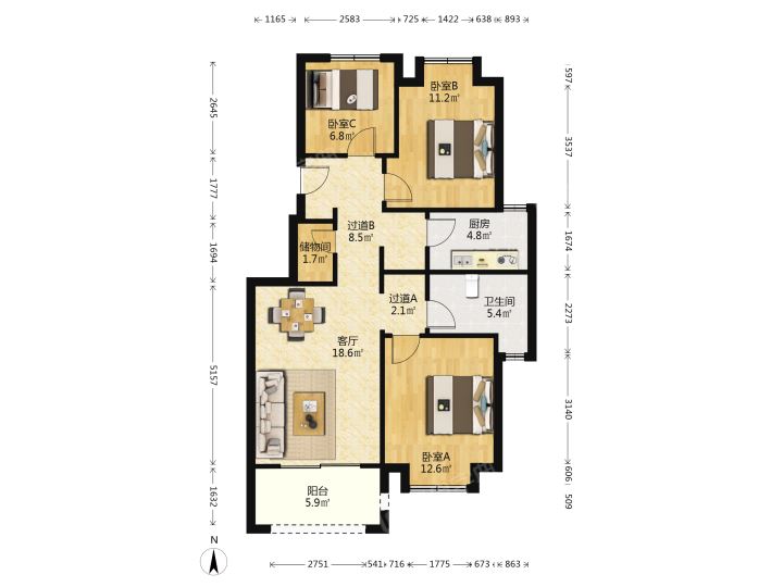 龙湖天宸源著 3室1厅1卫 97.54m&sup2;