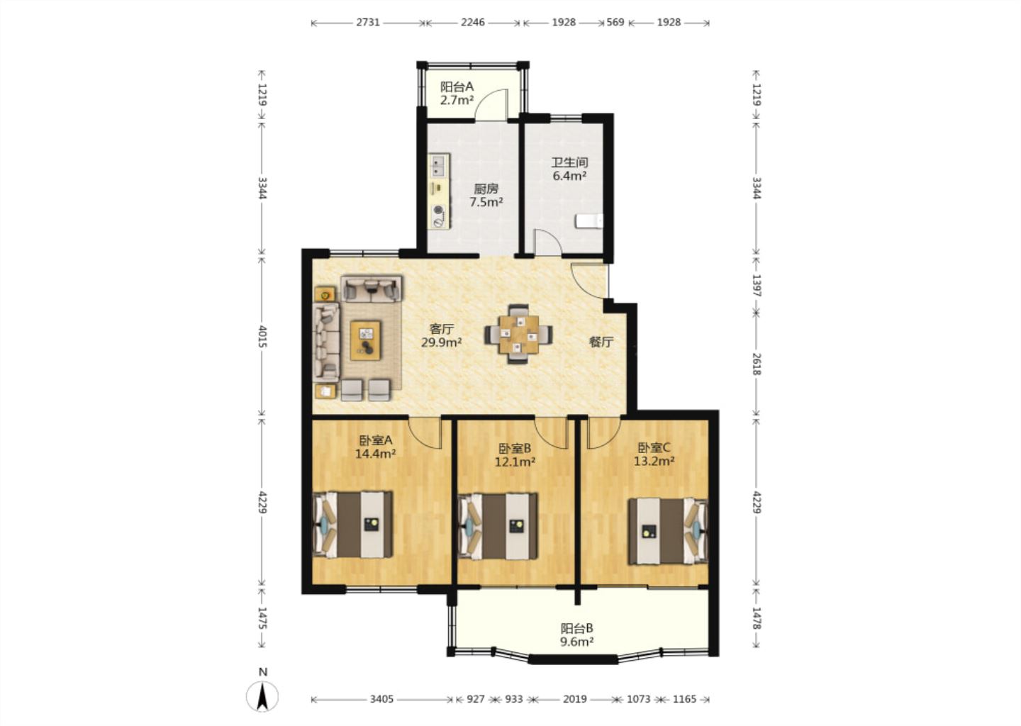幸福怡居 3室2厅1卫 128m&sup2;