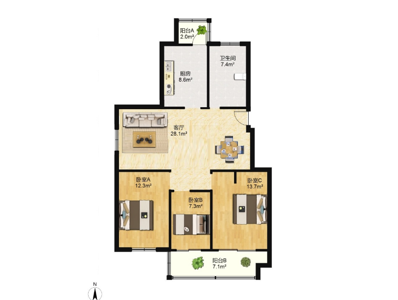 天香苑 3室1厅1卫 108.00m&sup2;