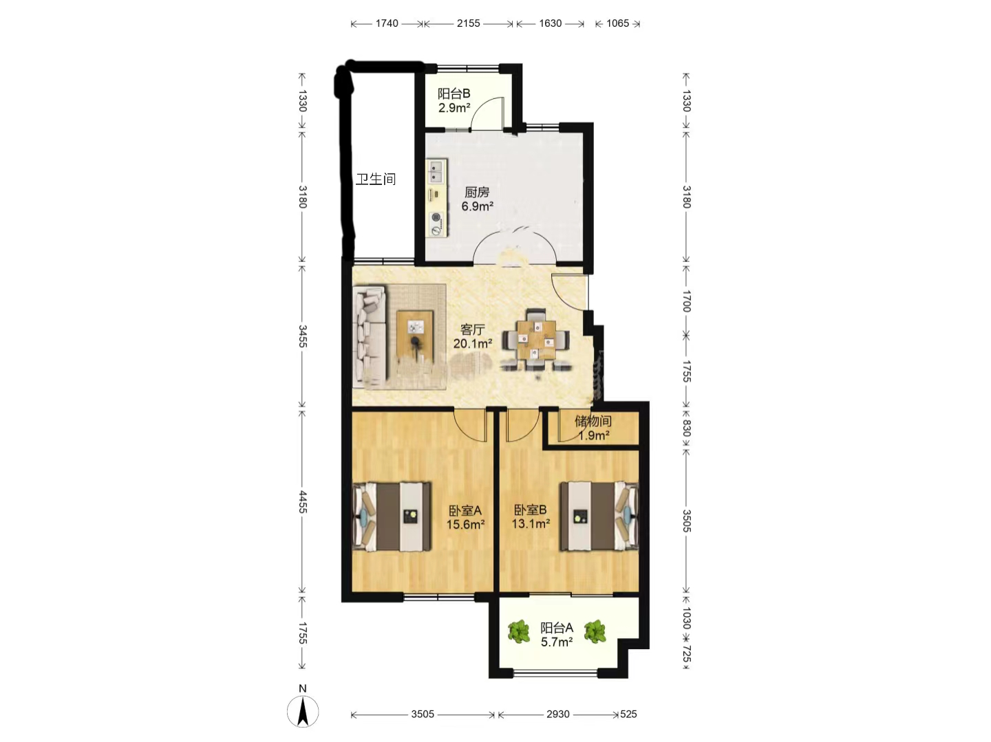 天一裕景苑 2室2厅1卫 90.38m&sup2;