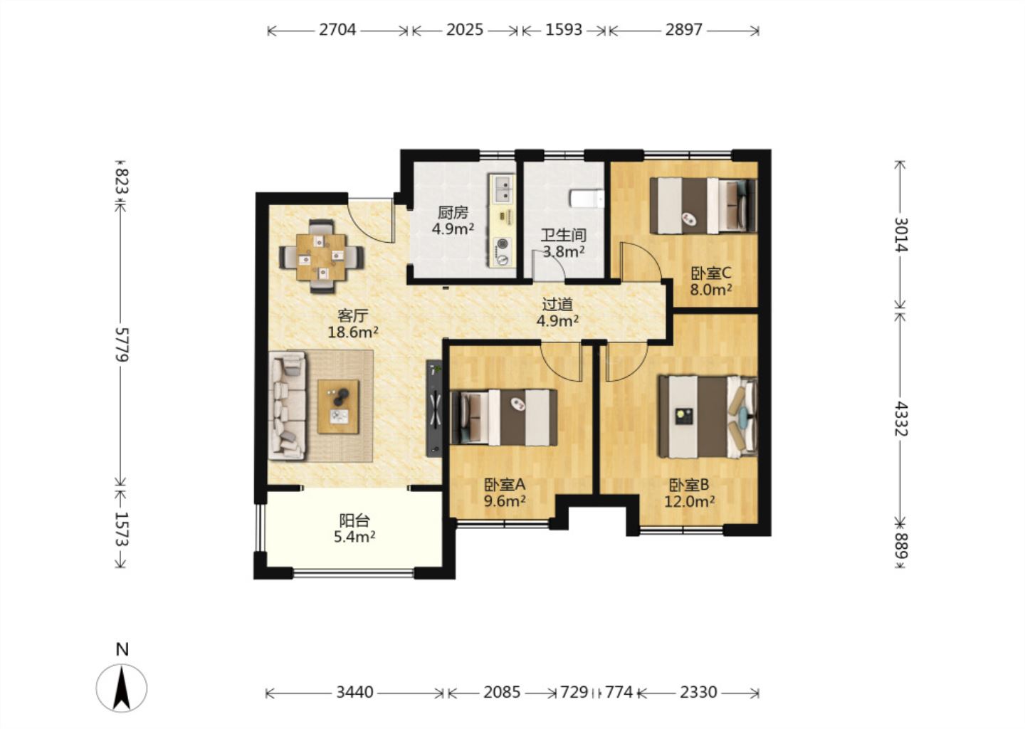 新城香溢紫郡 2室2厅1卫 88.00m&sup2;