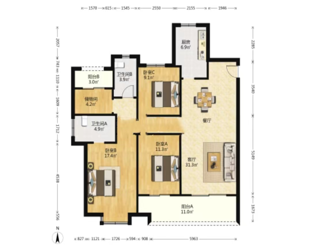 华润悦锦湾 3室2厅1卫 96.00m&sup2;