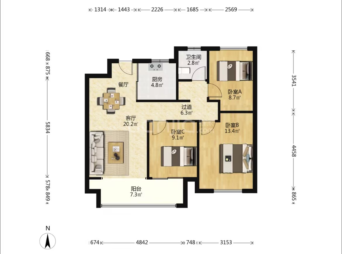 招商新城雍景湾 3室2厅1卫 89m&sup2;