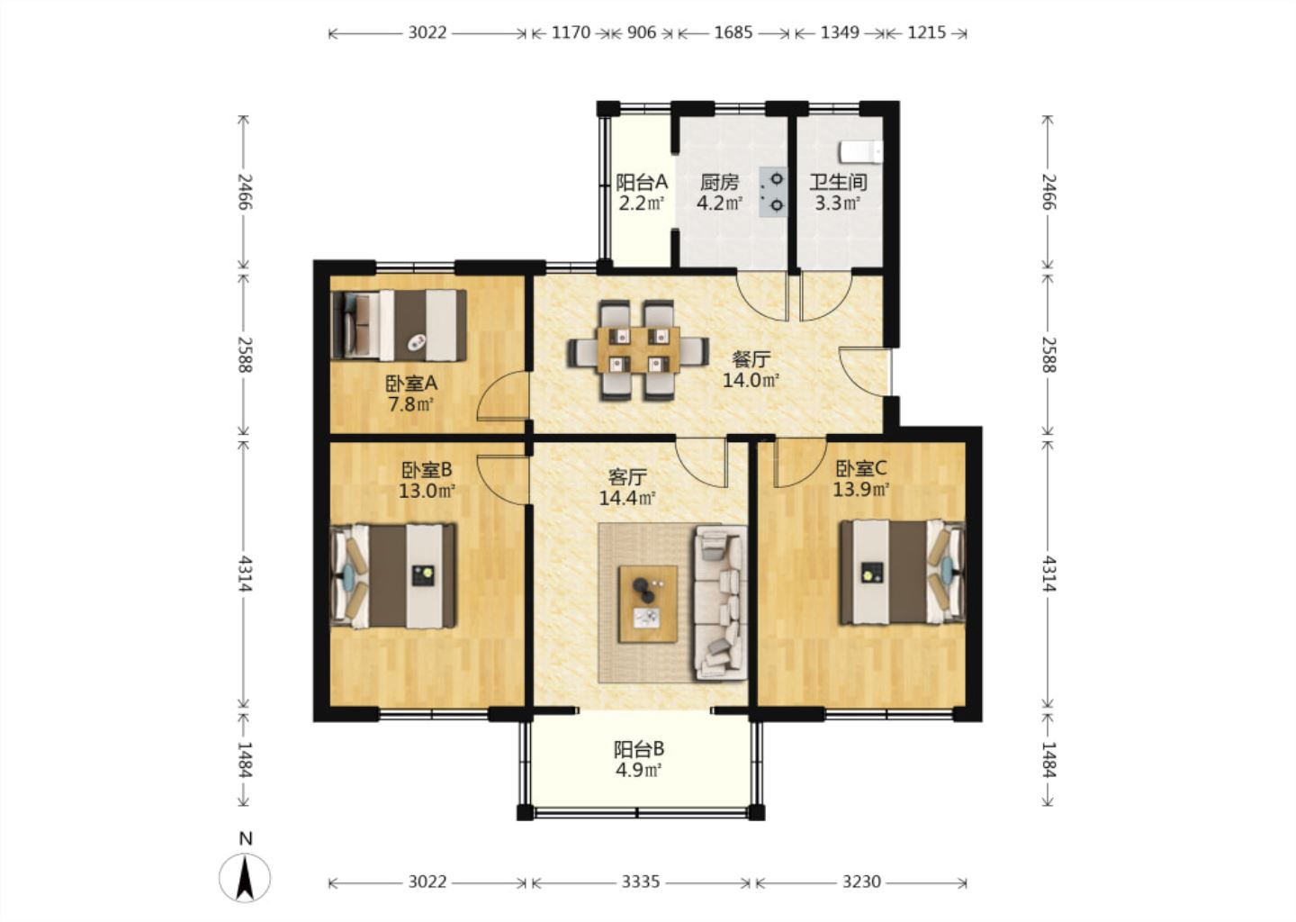 新桃园 3室2厅1卫 95.56m&sup2;
