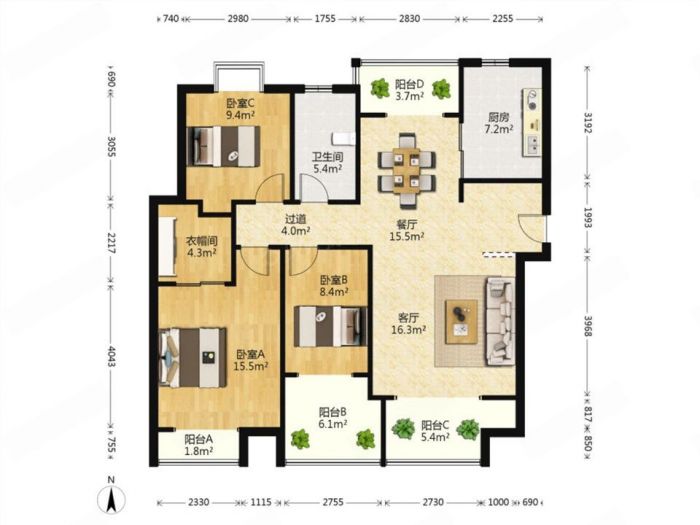 恒盛豪庭 3室2厅1卫 133m&sup2;