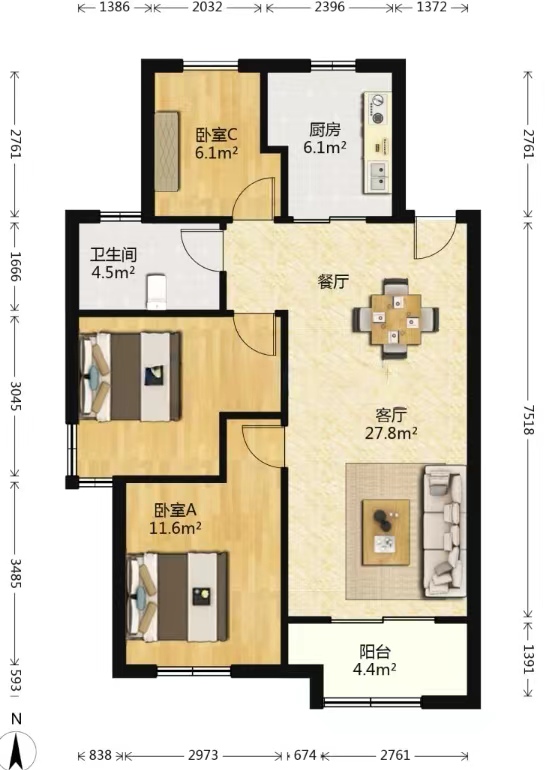 世茂公元 3室2厅1卫 89m&sup2;