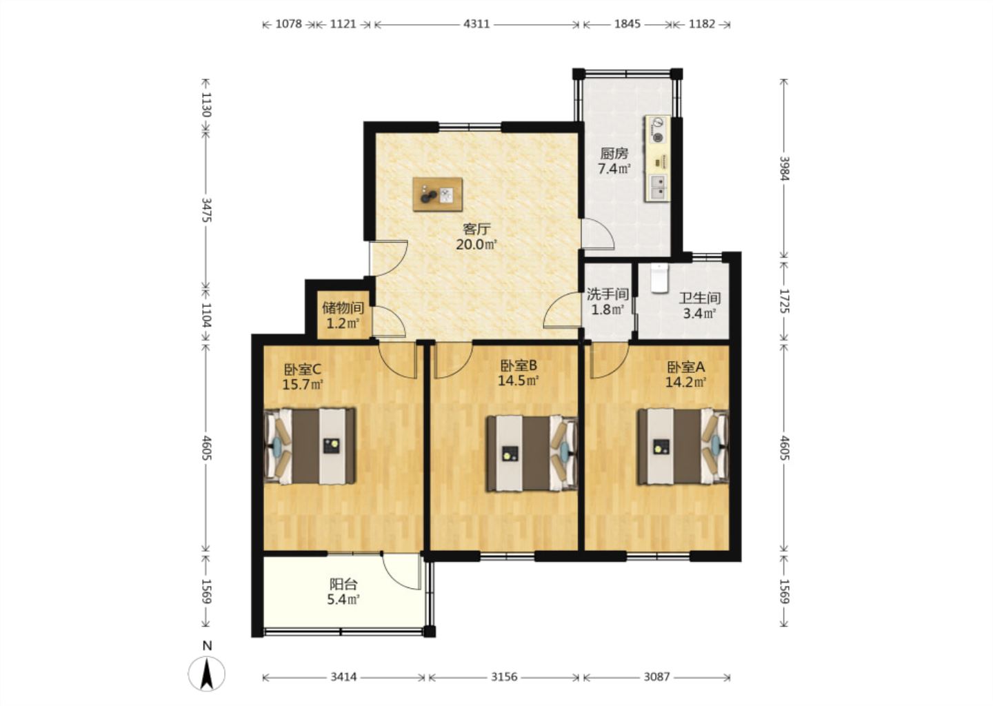 人民中路152号小区 3室1厅1卫 107.64m&sup2;