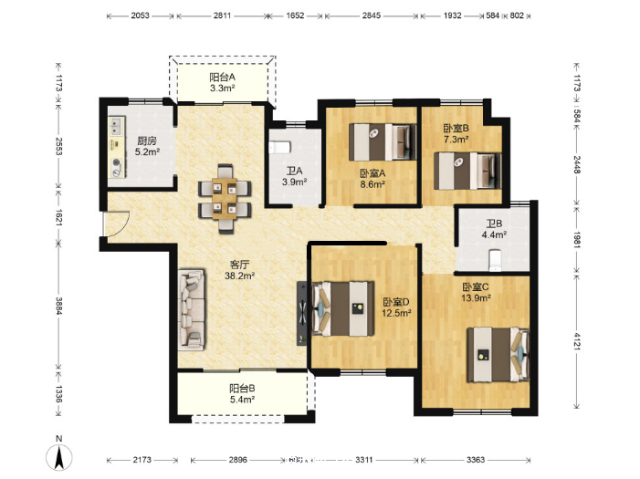云樾河山 4室2厅2卫 140m&sup2;