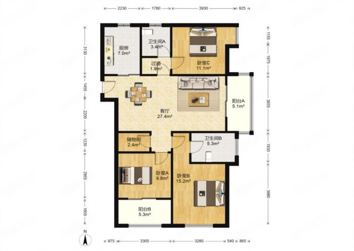 万濠星城 3室2厅2卫 126.82m&sup2;