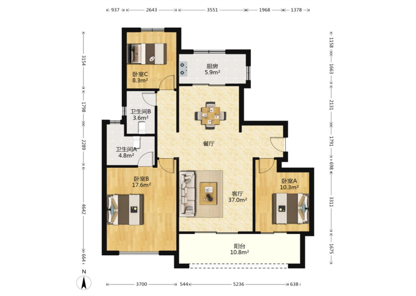 中海上东区 3室2厅2卫 125m&sup2;