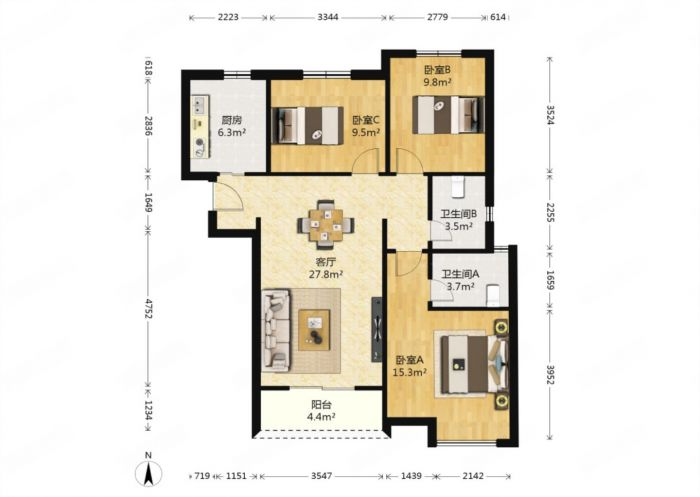 中海碧林湾 3室2厅2卫 110m&sup2;