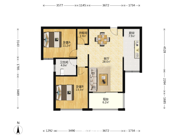 景瑞望府 2室2厅1卫 96m&sup2;