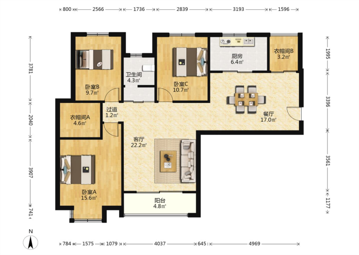 华强城 3室2厅1卫 127.00m&sup2;