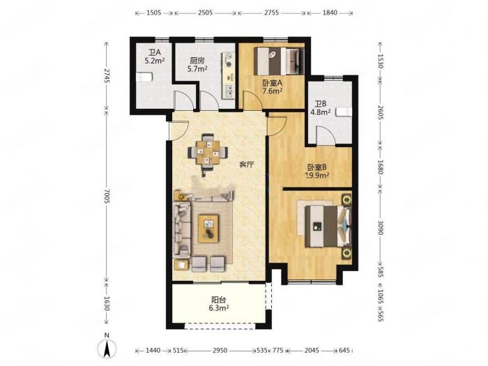 龙湖天宸源著 2室2厅1卫 96.00m&sup2;