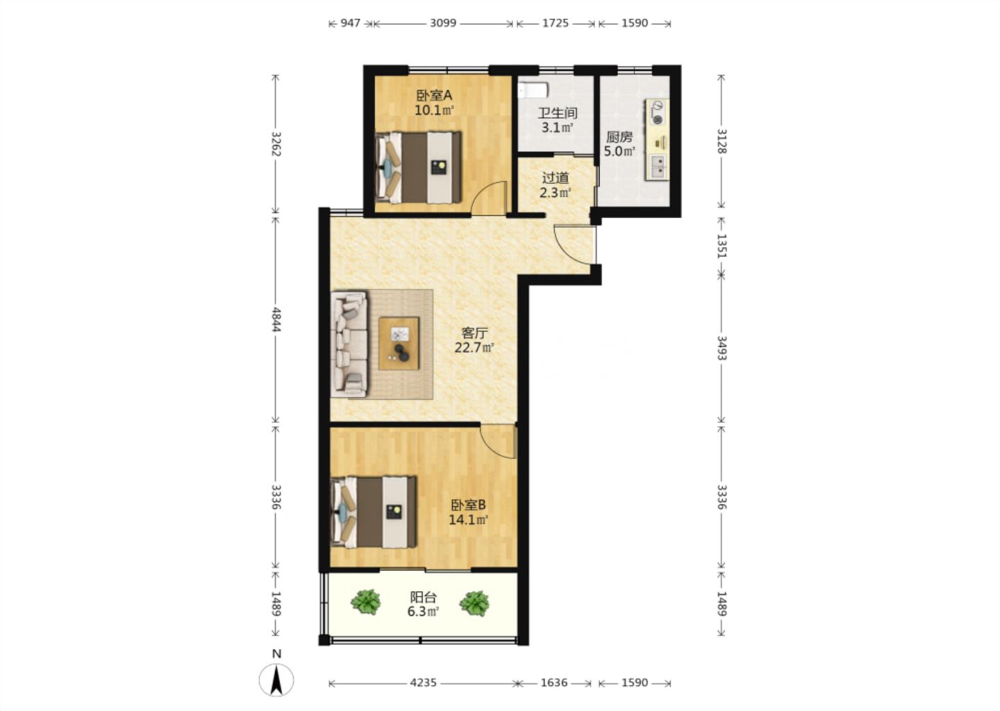 城港花苑西区 2室1厅1卫 74.91m&sup2;