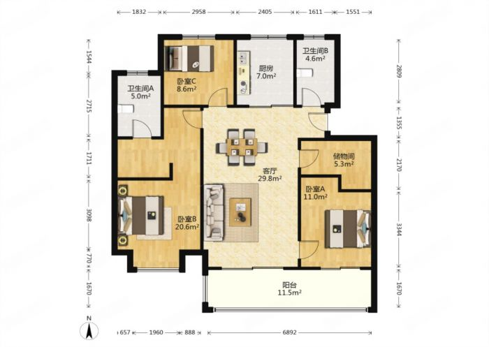 龙湖天宸源著 3室1厅2卫 117m&sup2;