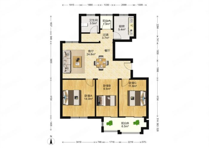 兴石花园 3室1厅1卫 109m&sup2;