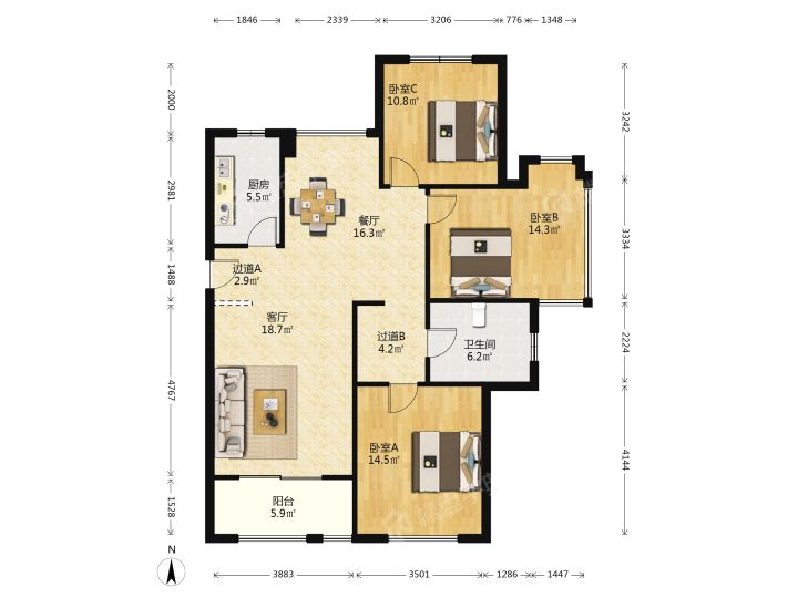 银洲&middot;皇家花园 3室2厅2卫 132.00m&sup2;