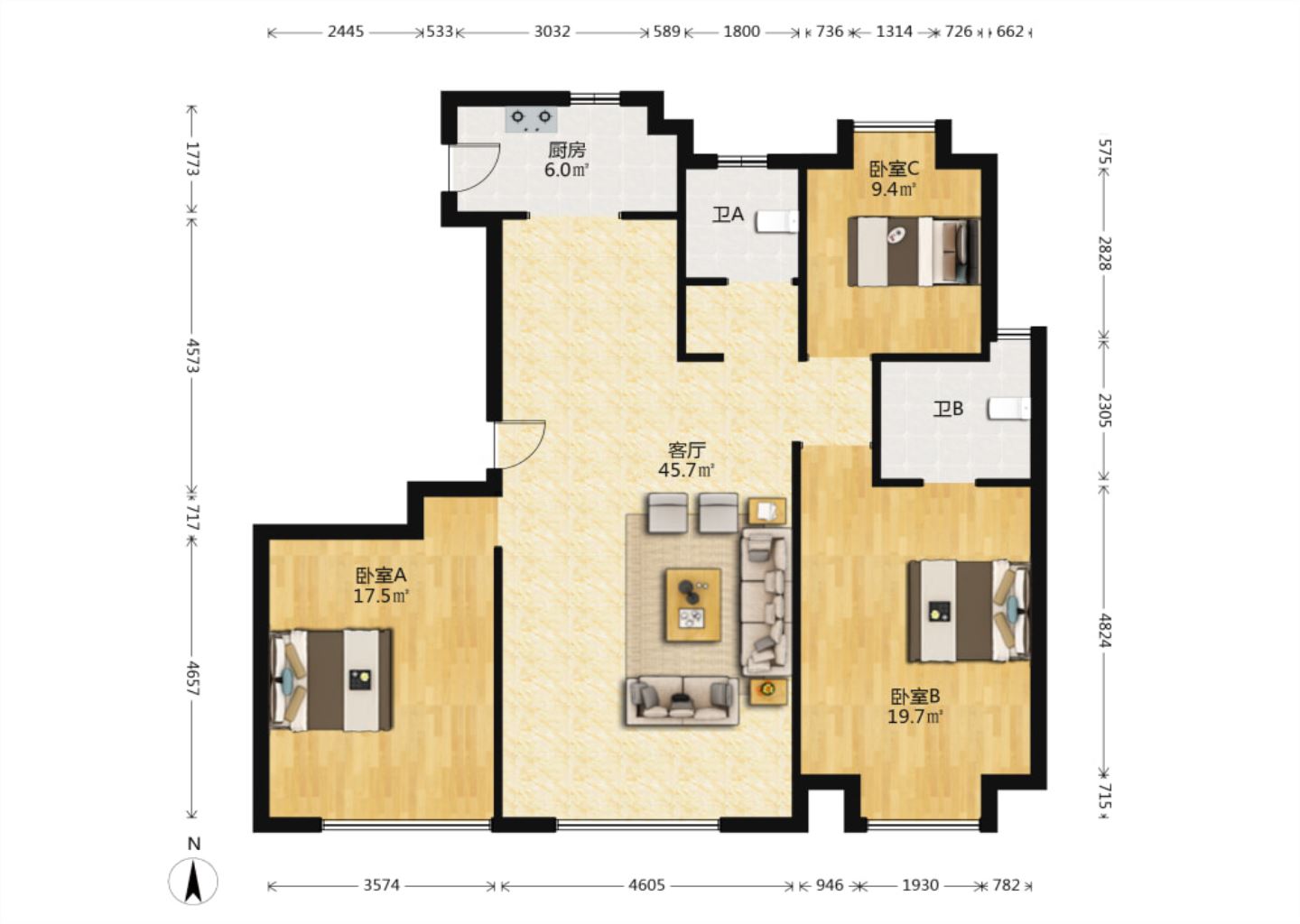 中南世纪花城二期 3室2厅2卫 137m&sup2;