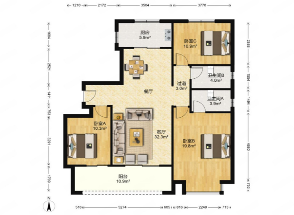 中海上东区 3室2厅2卫 128m&sup2;