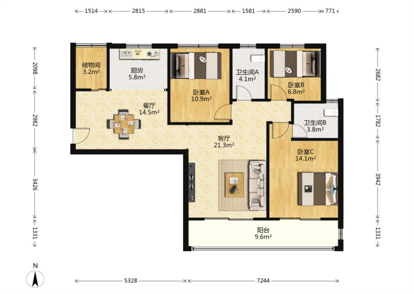 华强城 3室2厅2卫 116.00m&sup2;