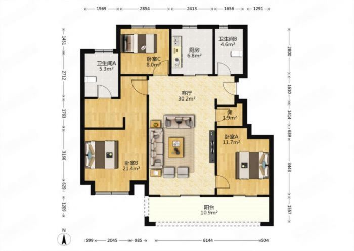 龙湖天宸源著 3室2厅2卫 117m&sup2;