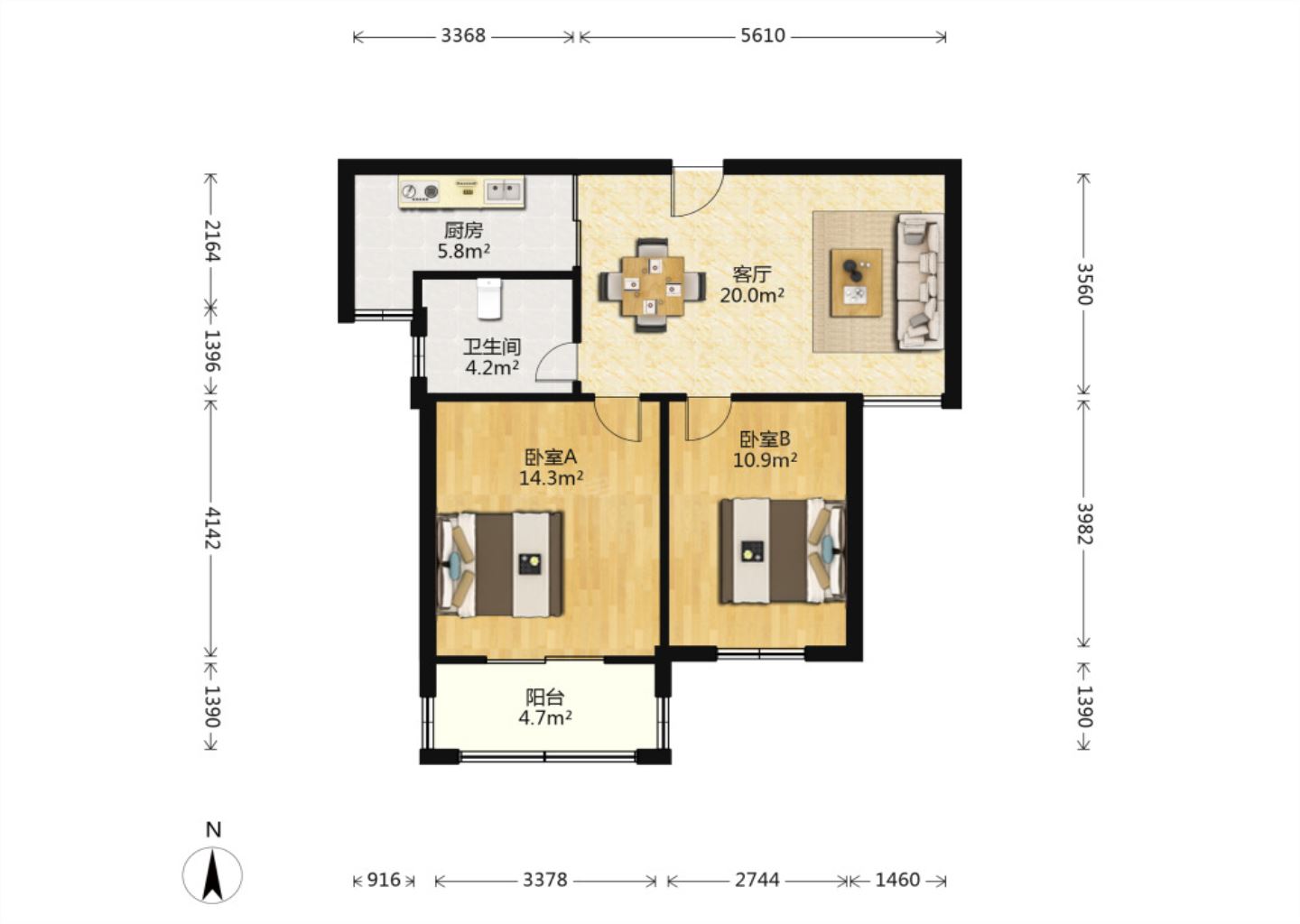 和盛林荫水岸 2室2厅1卫 90m&sup2;